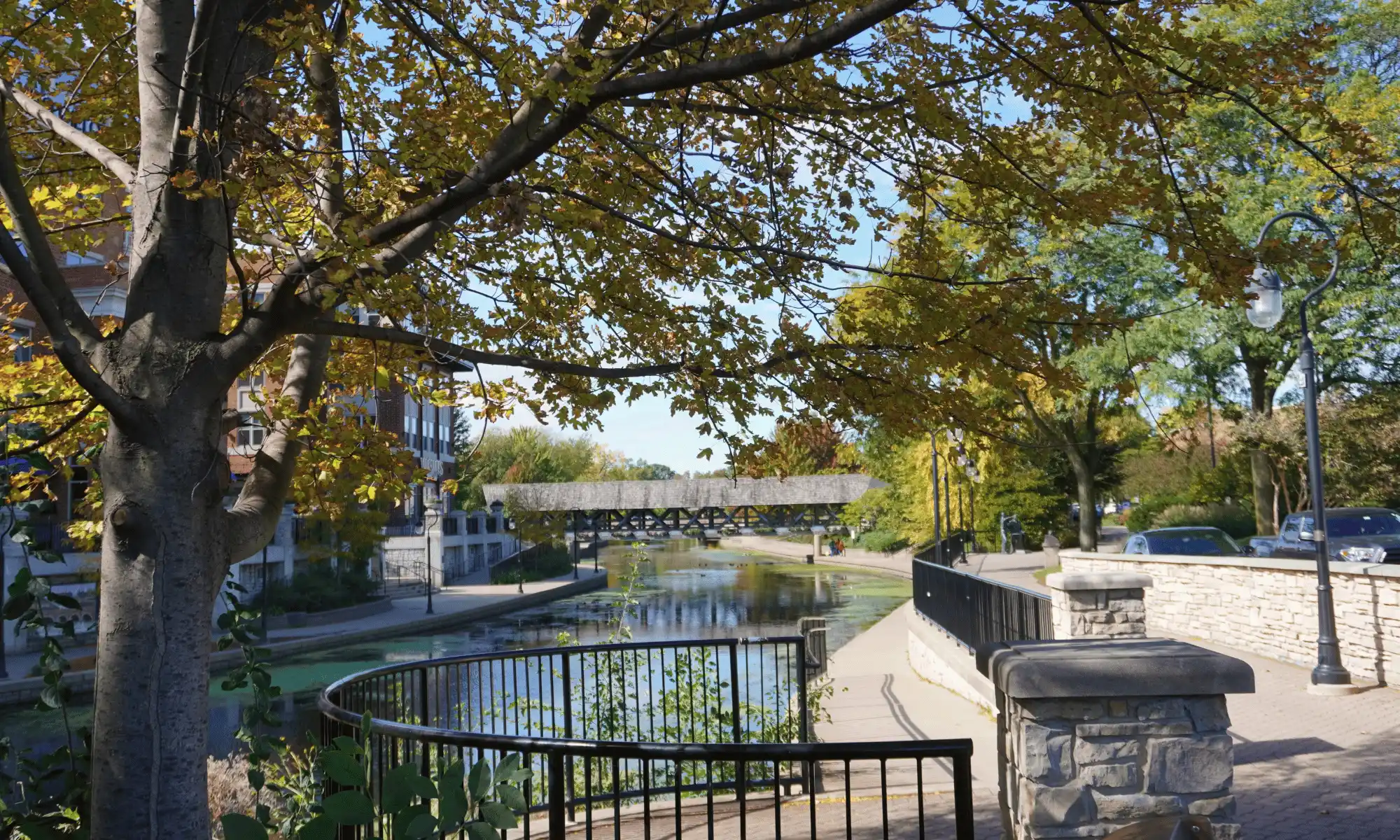 Scenic view of the Downtown Naperville Riverwalk in summer, featuring the covered bridge, trees, and peaceful DuPage River pathway.