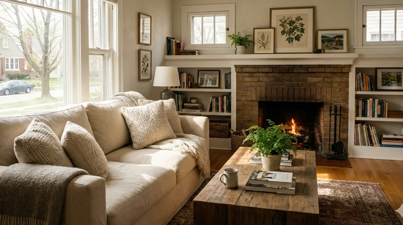 Staged living room in a Naperville home with neutral decor and natural light