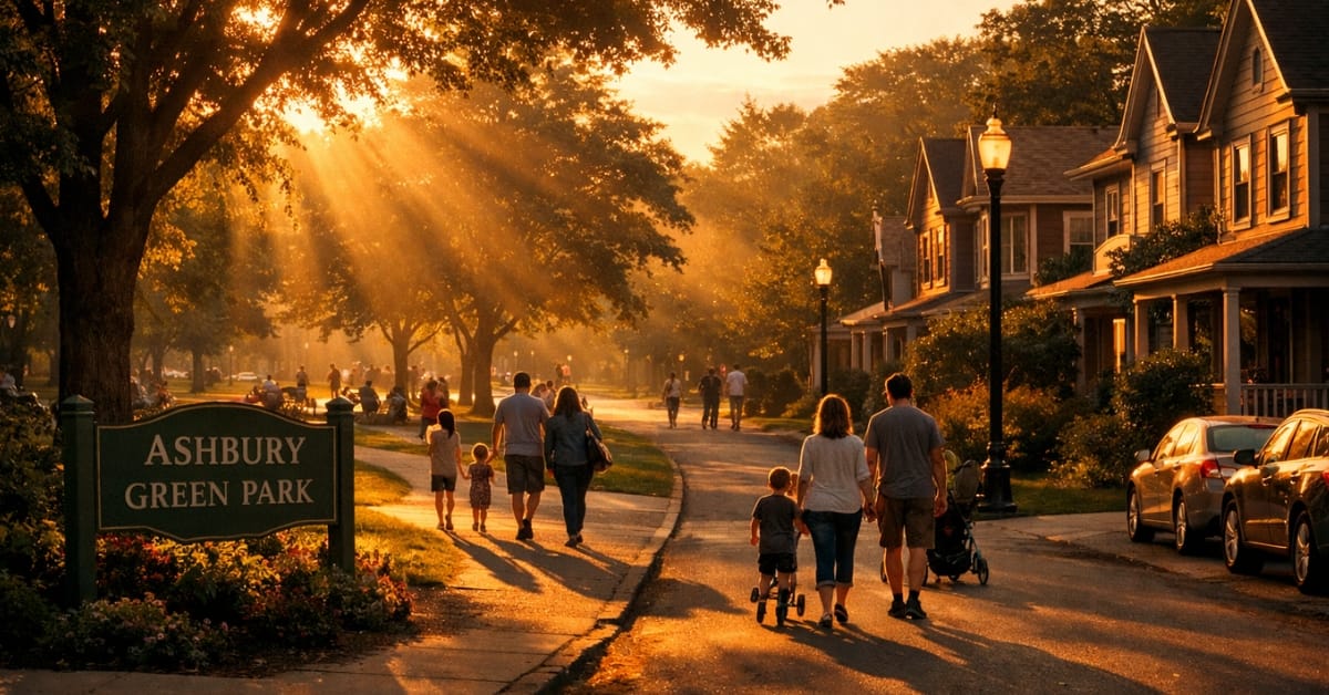 A cinematic, golden-hour view of Ashbury Green Park in Naperville, featuring families walking down a tree-lined street, soft evening sunlight, and a green sign reading "Ashbury Green Park".