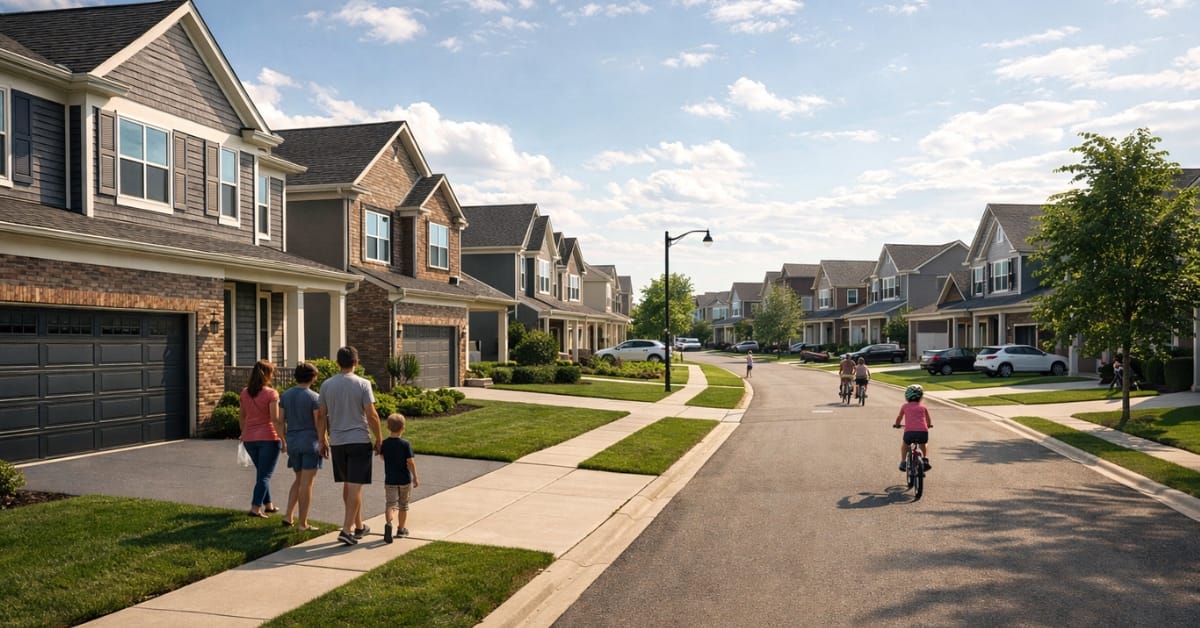 A street view of the Ashwood Creek subdivision in South Naperville, featuring large modern single-family homes with Hardie board siding and stone facades, manicured lawns, and families walking on sidewalks.