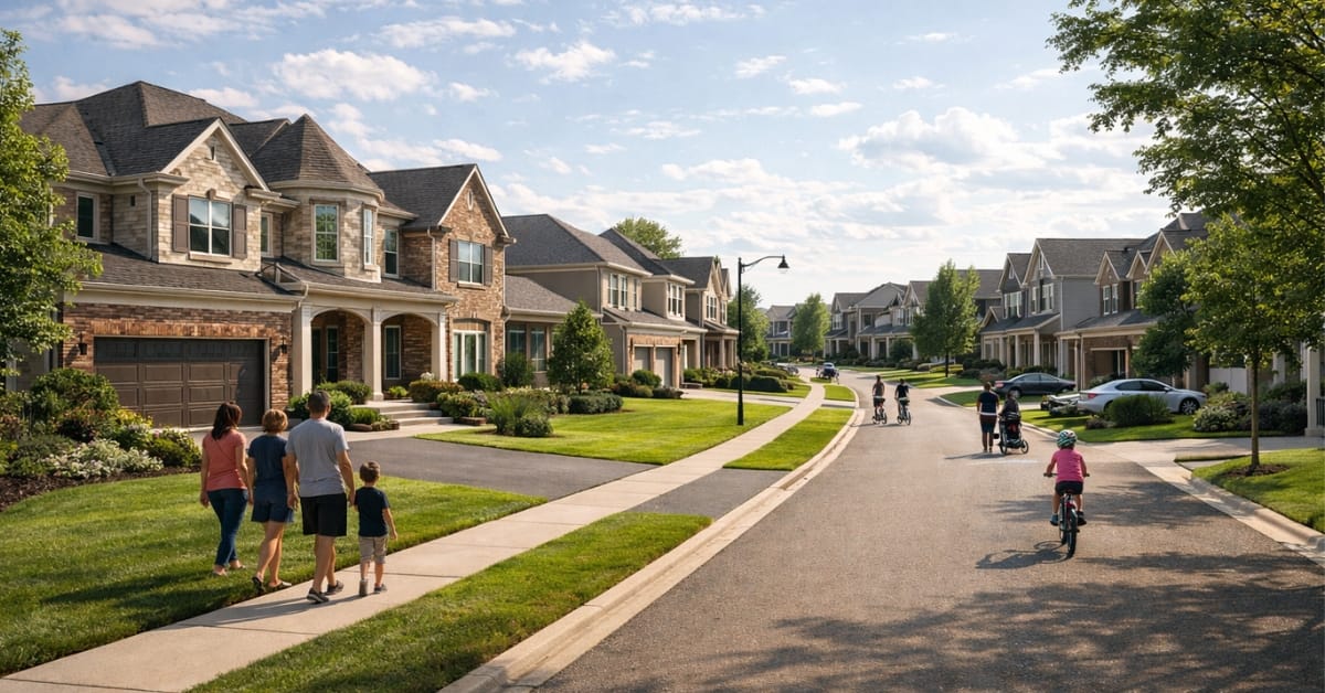 A photo showing a group of four people, including two children, walking together on a sidewalk in a suburban neighborhood on a sunny day. They are on a tree-lined street with large houses.
