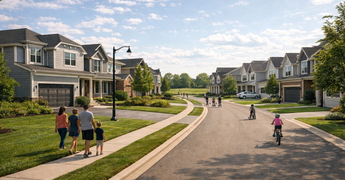 A sunlit suburban street in the late afternoon, with families walking on sidewalks, green trees, and a "Wheatland Park" street sign on the right.