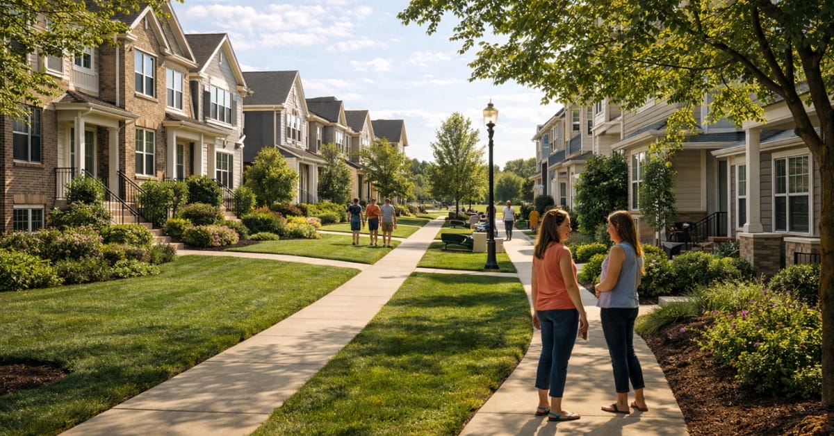 A sunlit suburban street in the late afternoon, with families walking on sidewalks, green trees, and a "Wheatland Park" street sign on the right.