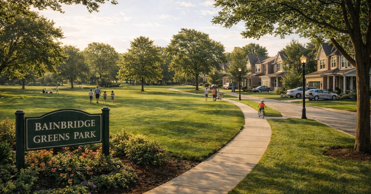 Scenic view of Bainbridge Greens Park in Naperville, featuring a winding paved walking path, open grassy areas, mature trees, families walking, and a sign reading "Bainbridge Greens Park".