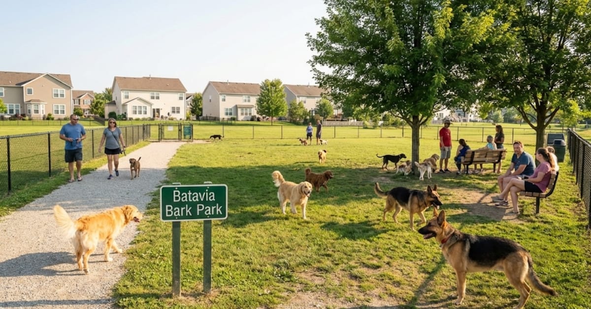 Wide-angle view of Batavia Bark Park featuring a large fenced grassy area, dogs playing off-leash, owners sitting on benches, and a green sign reading "Batavia Bark Park".