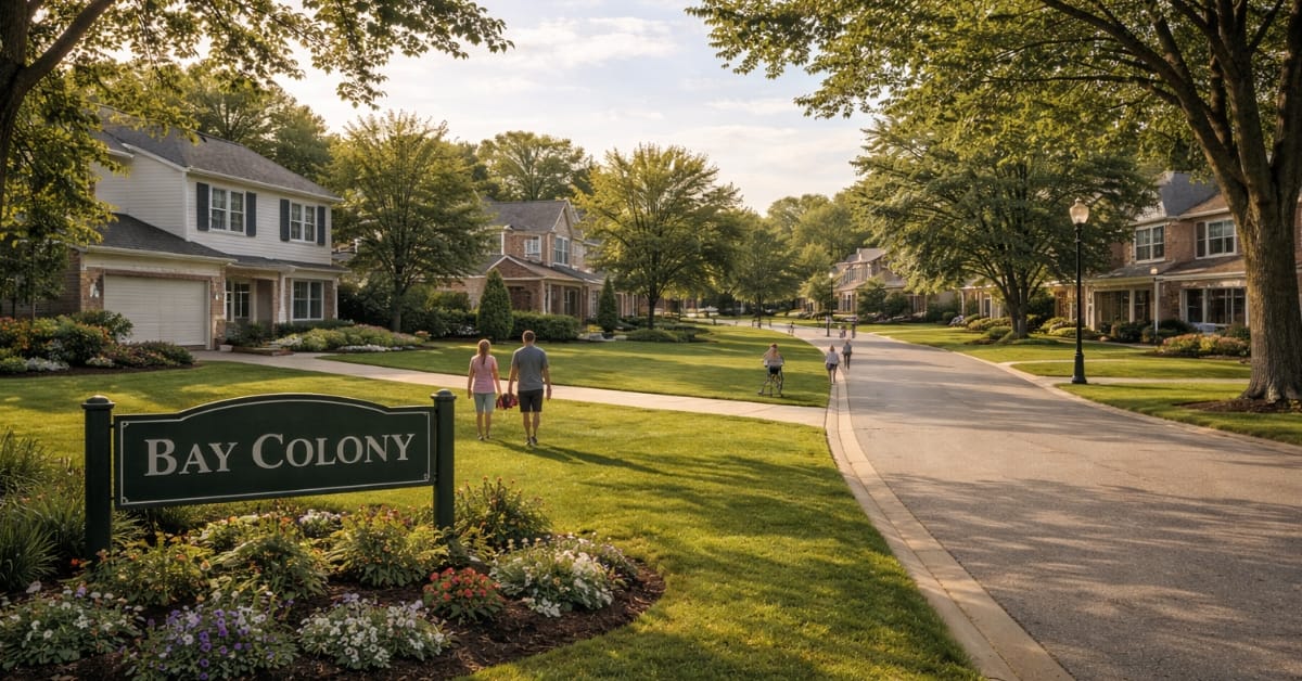 A sunny residential street in the Atwater neighborhood of Naperville, featuring modern two-story homes with siding, families walking on sidewalks, and children riding bikes in the street.