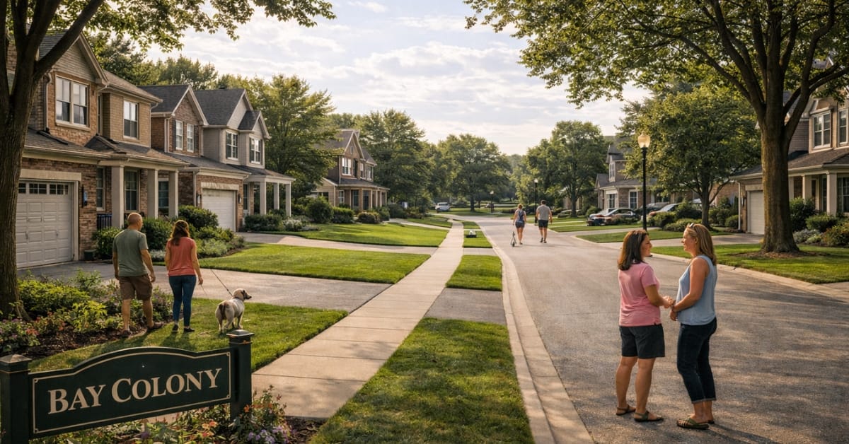 Entrance view of the Bay Colony subdivision in Naperville, featuring a green community sign reading "BAY COLONY", manicured lawns, mature trees, and residents walking on sidewalks.