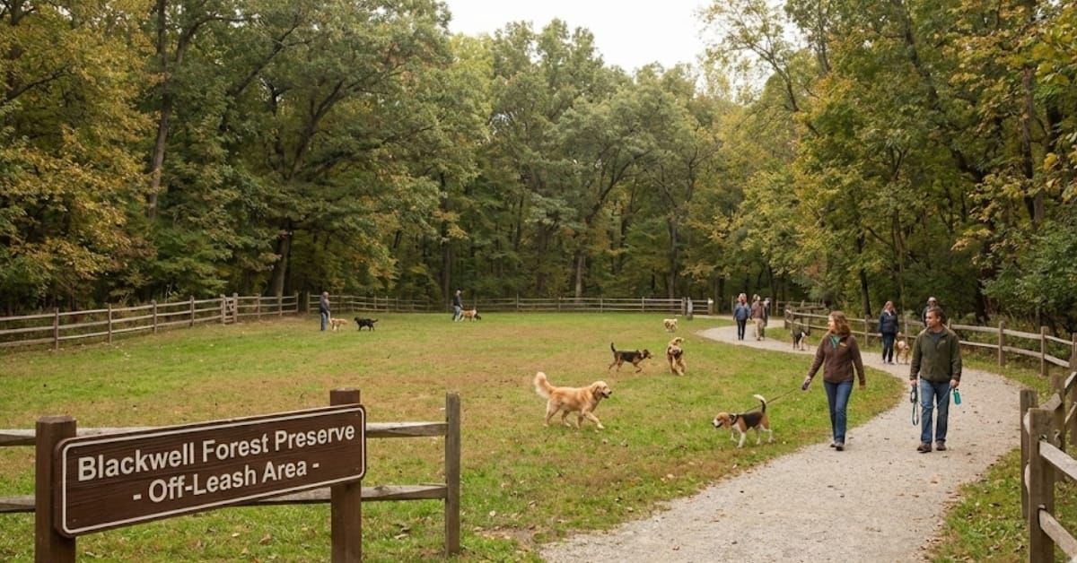 Dogs playing in the large, fenced off-leash area at Blackwell Forest Preserve Dog Park, with owners walking on a gravel path amid autumn trees and a wooden sign.