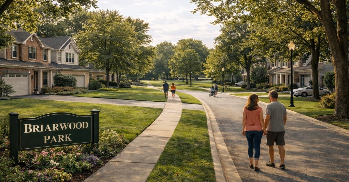 A peaceful residential street in the Briarwood Park neighborhood of Naperville, featuring a green sign reading "Briarwood Park", paved walking paths, and families enjoying the outdoors.