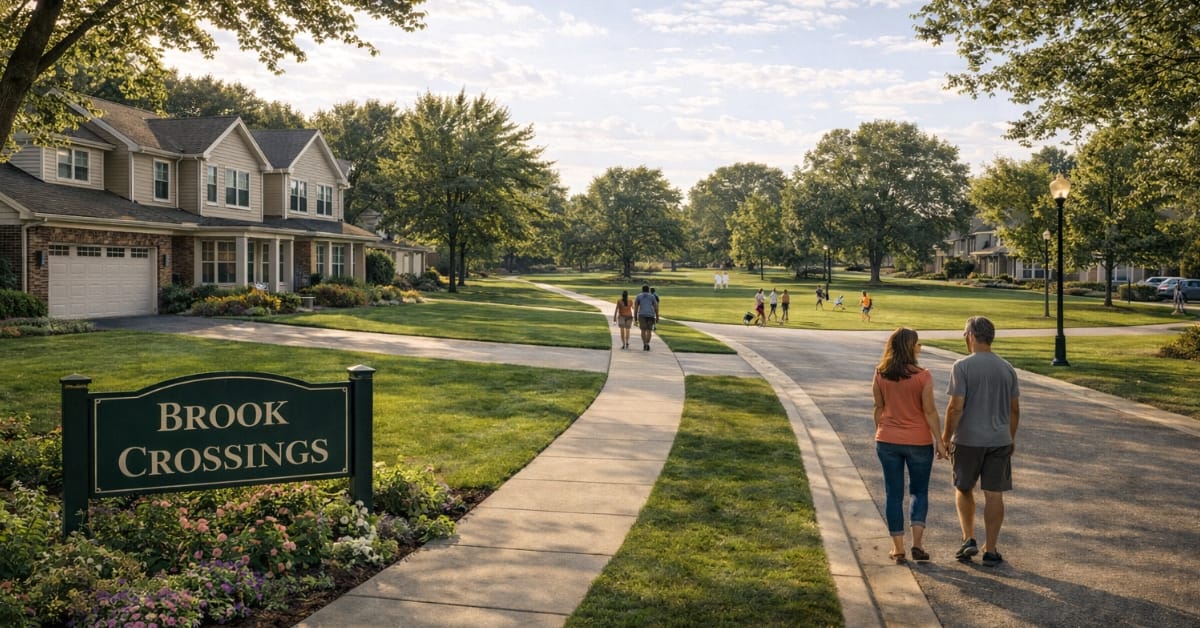 A sunny view of the Brook Crossings neighborhood in Naperville, featuring a community sign reading "Brook Crossings", wide walking paths, mature trees, and residents walking.