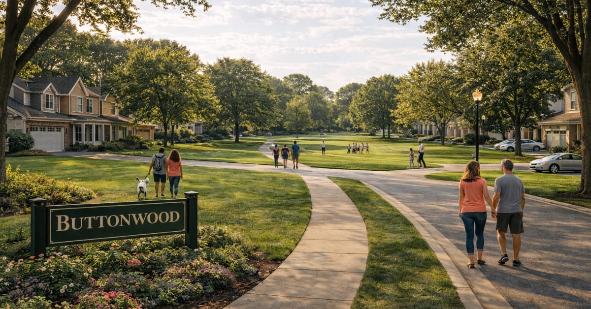 Scenic view of the Buttonwood neighborhood in Naperville, featuring a "Buttonwood" community sign, wide walking paths, mature trees, and residents walking dogs.