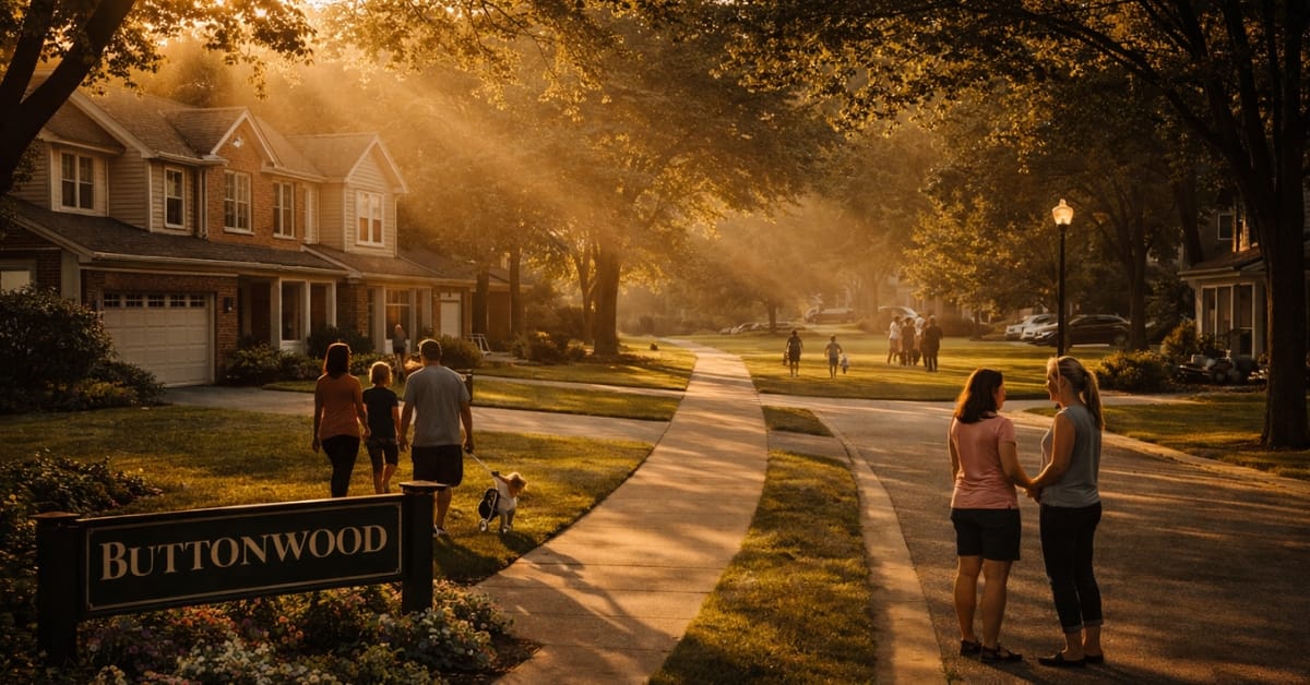 A cinematic golden-hour view of the Buttonwood neighborhood in Naperville, featuring families walking on sidewalks, warm sunlight filtering through trees, and a community sign reading "Buttonwood".