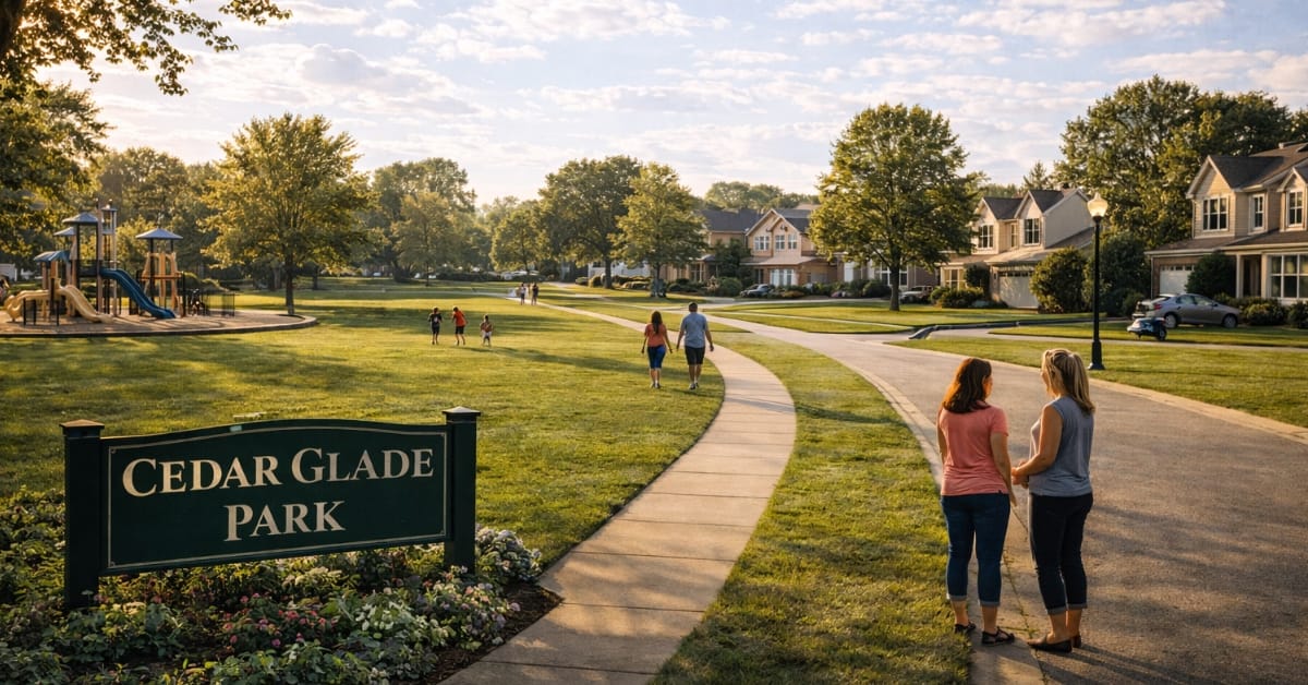 A sunny view of Cedar Glade Park in Naperville, featuring a playground, paved walking paths, open green space, families walking, and a sign reading "Cedar Glade Park".