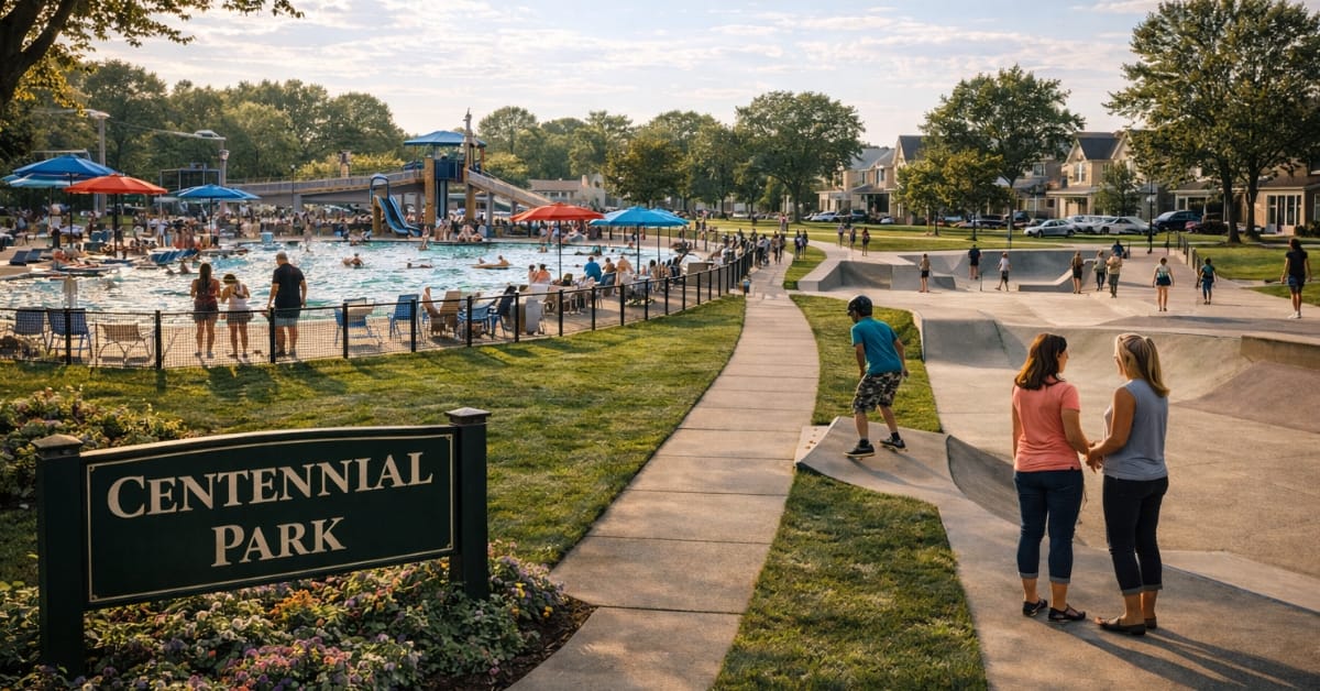 Panoramic view of Centennial Park in Naperville, featuring the Centennial Beach swimming complex on the left, a concrete skate park on the right, and a sign reading "Centennial Park".