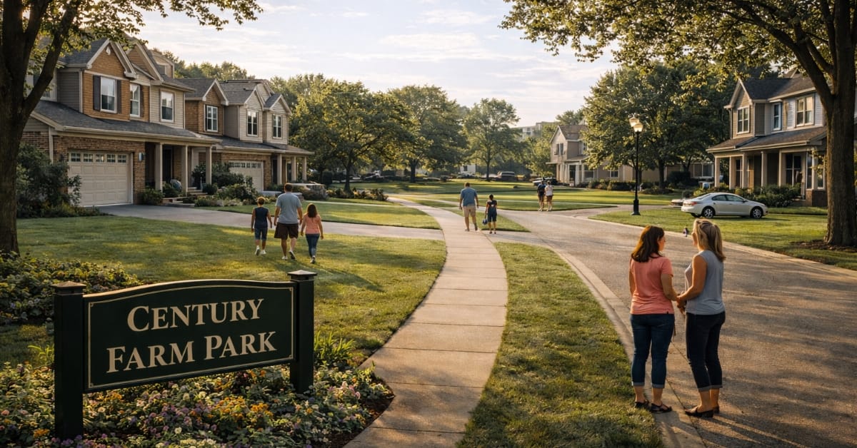 A quiet residential street in the Century Farm neighborhood of Naperville, featuring a "Century Farm Park" sign, single-family homes, mature trees, and families walking on sidewalks.