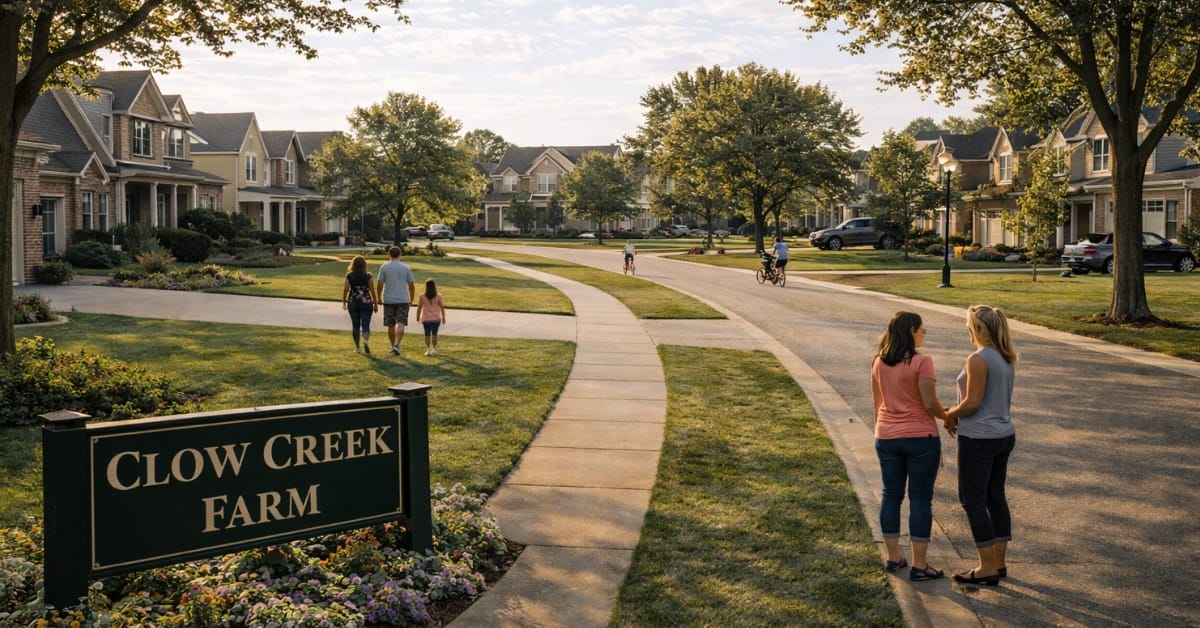 A sunny street view of the Clow Creek Farm subdivision in Naperville, featuring a dark green "Clow Creek Farm" sign, families walking on sidewalks, and large single-family homes.