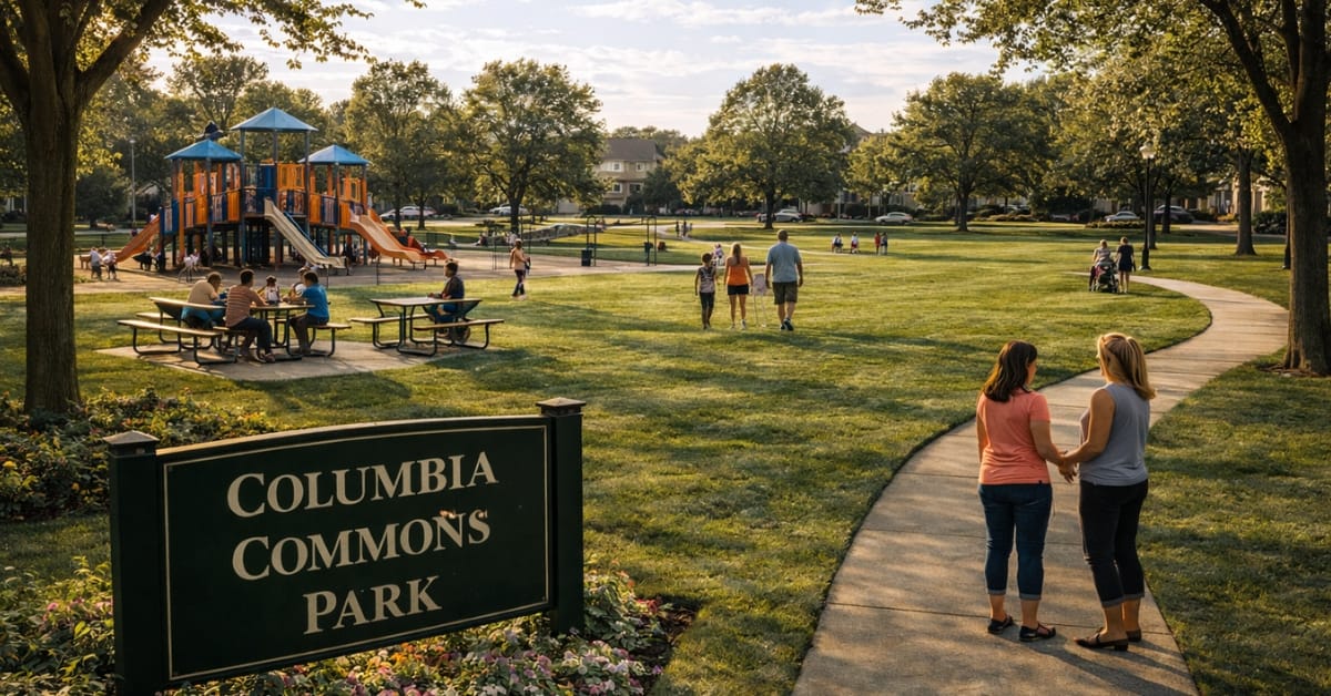 A sunny view of Columbia Commons Park in Naperville, featuring a playground, picnic tables, paved walking paths, families enjoying the outdoors, and a sign reading "Columbia Commons Park".