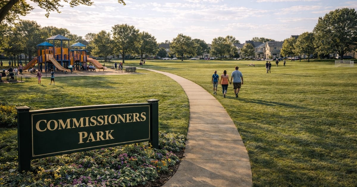Wide panoramic view of Commissioners Park in Naperville, featuring a large "Commissioners Park" sign, extensive soccer fields, a playground, paved walking paths, and families enjoying the outdoors.