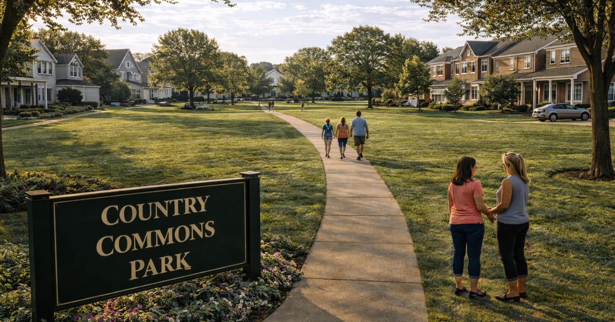 A peaceful view of Country Commons Park in Naperville, featuring a dark green sign reading "Country Commons Park", paved walking paths, open green space, and residents walking near townhome-style residences.