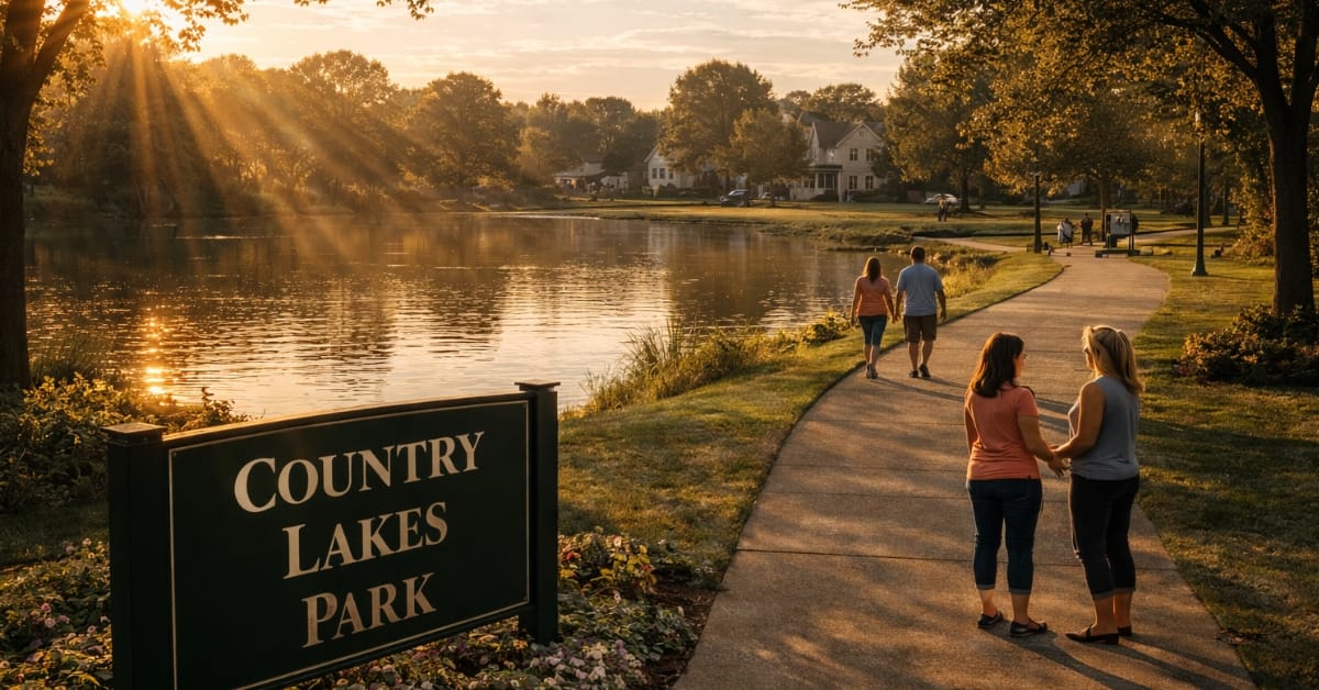 A scenic sunset view of Country Lakes Park in Naperville, featuring a calm lake, paved walking paths, mature trees, families walking, and a sign reading "Country Lakes Park".