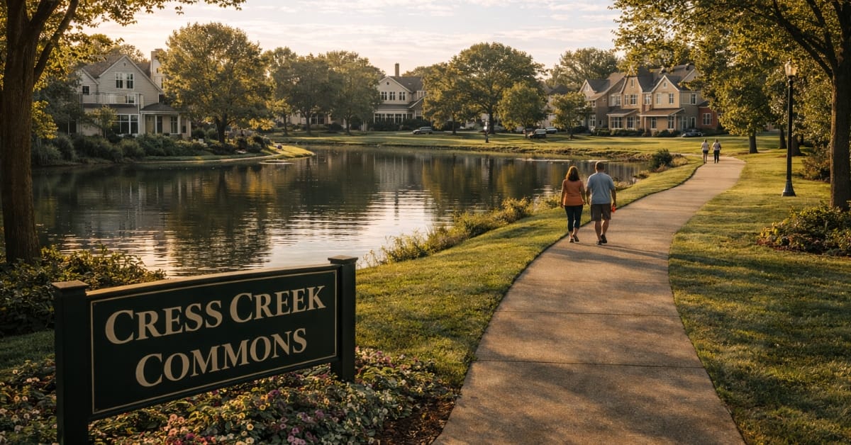Scenic view of the Cress Creek Commons neighborhood in Naperville, featuring a calm lake, paved walking path, mature trees, and a sign reading "Cress Creek Commons".