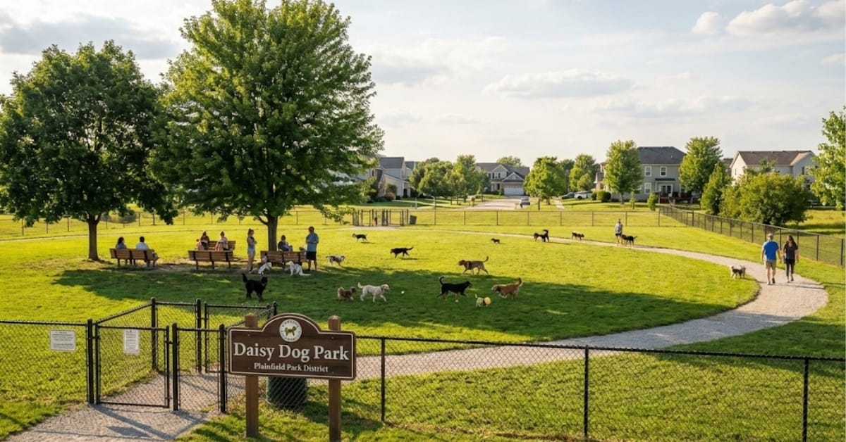 Wide-angle view of Daisy Dog Park in Plainfield, Illinois, showing a large fenced-in grassy area with dogs playing off-leash, owners socializing on benches under shade trees, and a walking path. A sign at the entrance reads "Daisy Dog Park - Plainfield Park District."