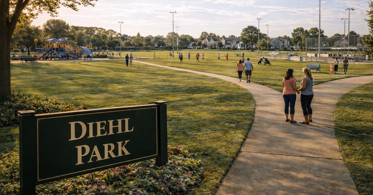 Wide panoramic view of Diehl Park in Naperville, featuring a large "Diehl Park" sign, a playground on the left, baseball backstops in the distance, and families walking on paved paths.