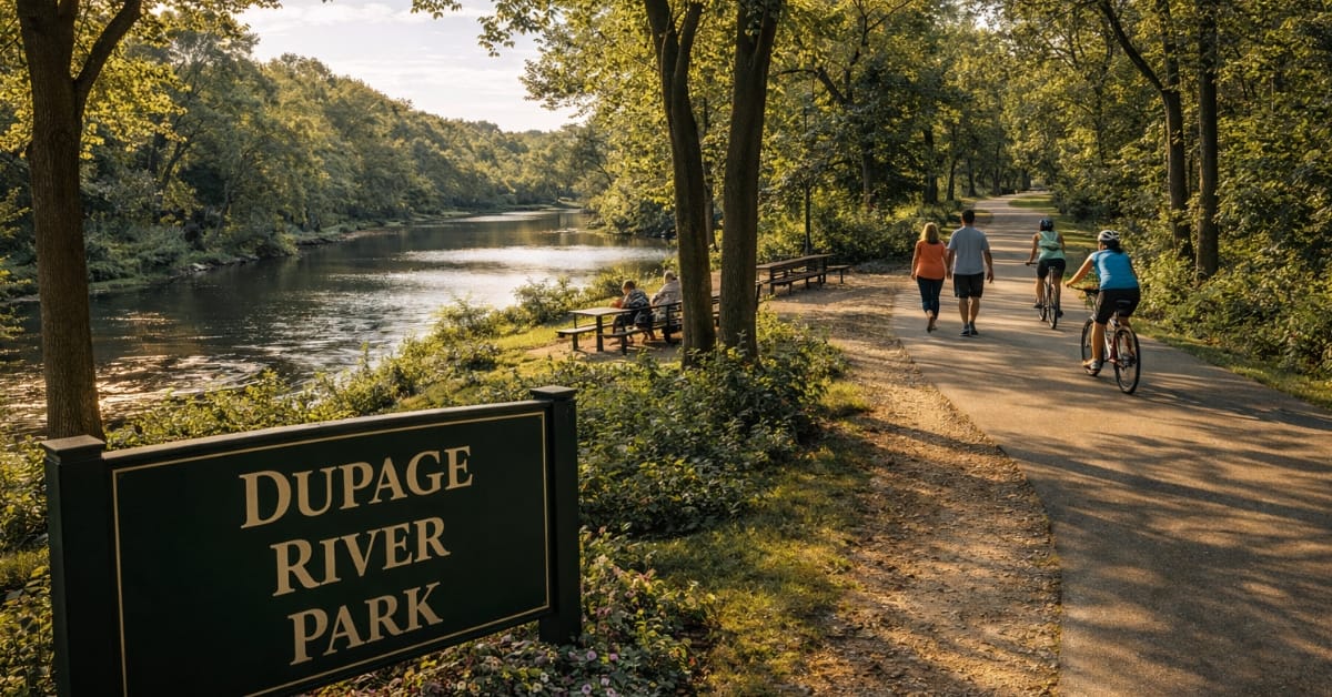 A scenic view of DuPage River Park in Naperville, featuring a paved bike trail winding alongside the river, mature trees, cyclists and walkers enjoying the outdoors, and a sign reading "DuPage River Park".