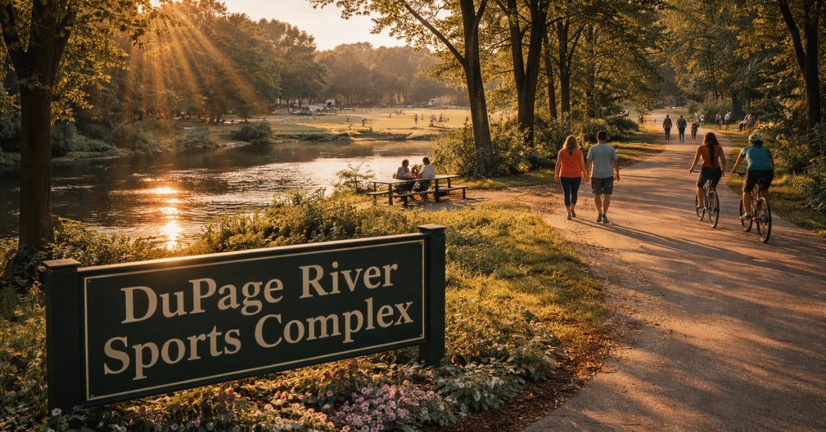 A scenic sunset view at the DuPage River Sports Complex in Naperville, featuring a paved bike trail along the river, cyclists riding in the golden light, and a sign reading "DuPage River Sports Complex".