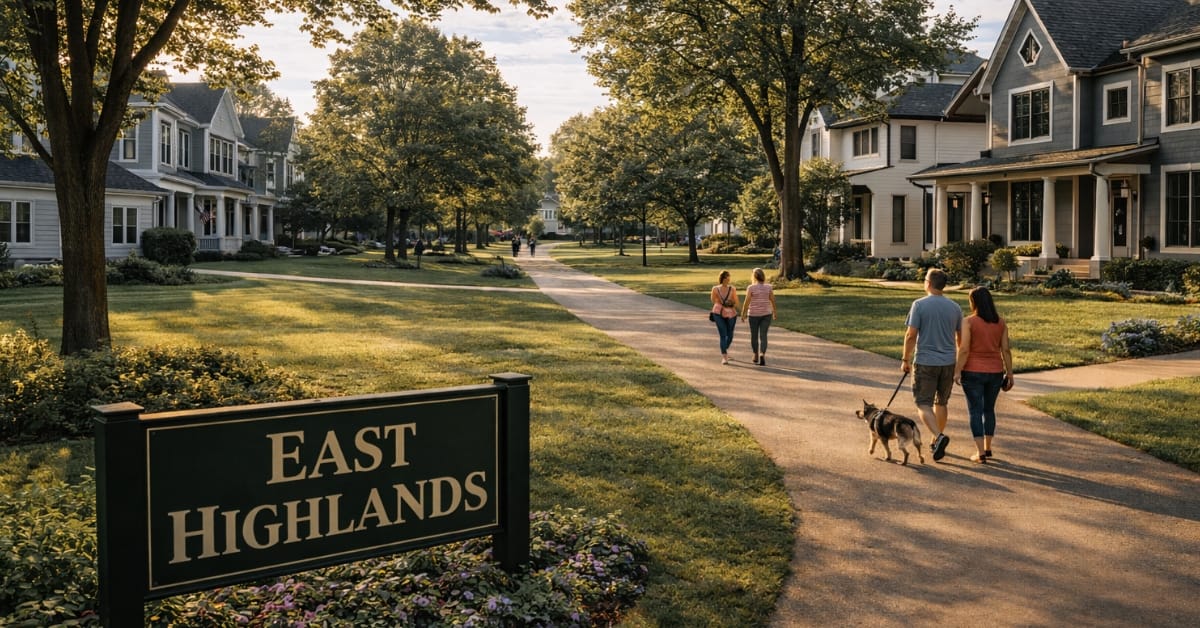 A sunny street view of the East Highlands neighborhood in Naperville, featuring a sign reading "East Highlands", paved walking paths, mature trees, and families walking dogs near large single-family homes.