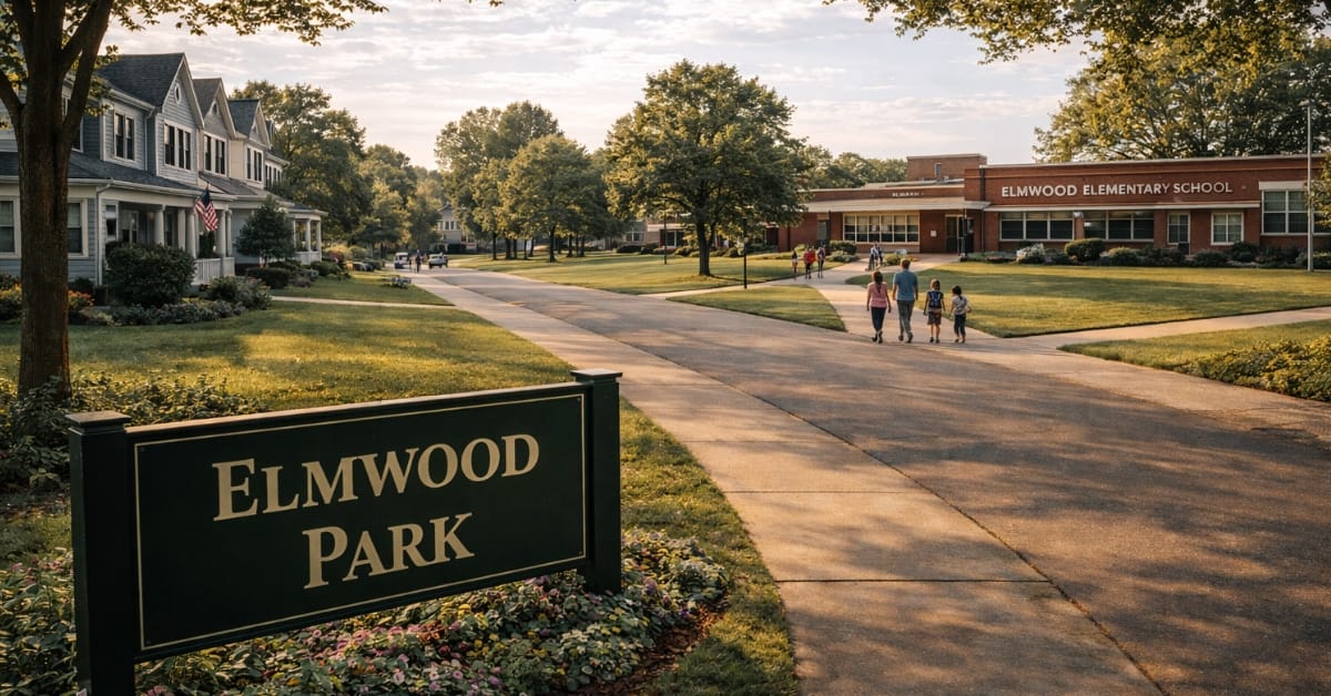 A sunny afternoon view of Elmwood Park in Naperville, featuring a "Elmwood Park" sign, paved walking paths leading toward Elmwood Elementary School, and families walking near the school building.