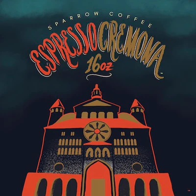 Illustrated label artwork for Espresso Cremona by Sparrow Coffee featuring a stylized historic building design