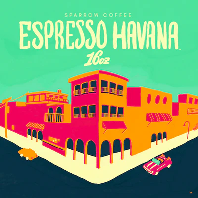 Illustrated artwork for Espresso Havana by Sparrow Coffee featuring colorful Cuban-inspired architecture