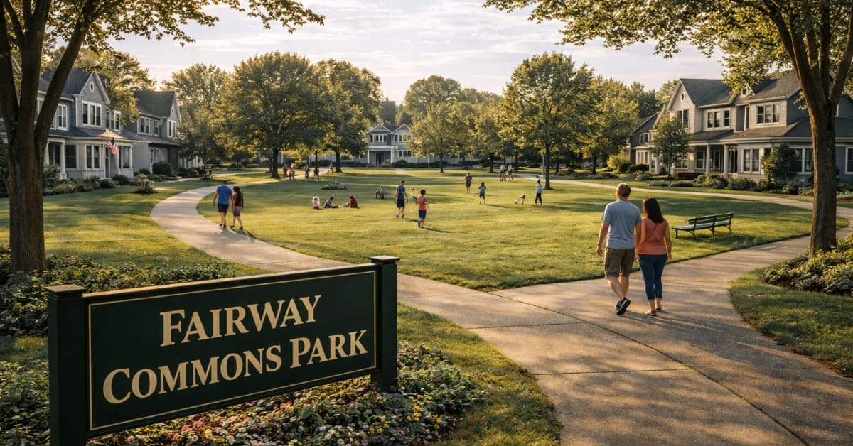 A sunny view of Fairway Commons Park in Naperville, featuring a sign reading "Fairway Commons Park", wide open green spaces, paved walking paths, and families playing and walking near large single-family homes.