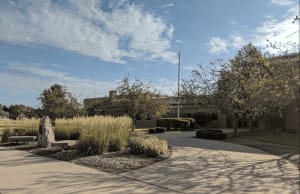 Exterior grounds of Fry Elementary School in Naperville featuring a paved walkway, native grass landscaping, and the brick school building.