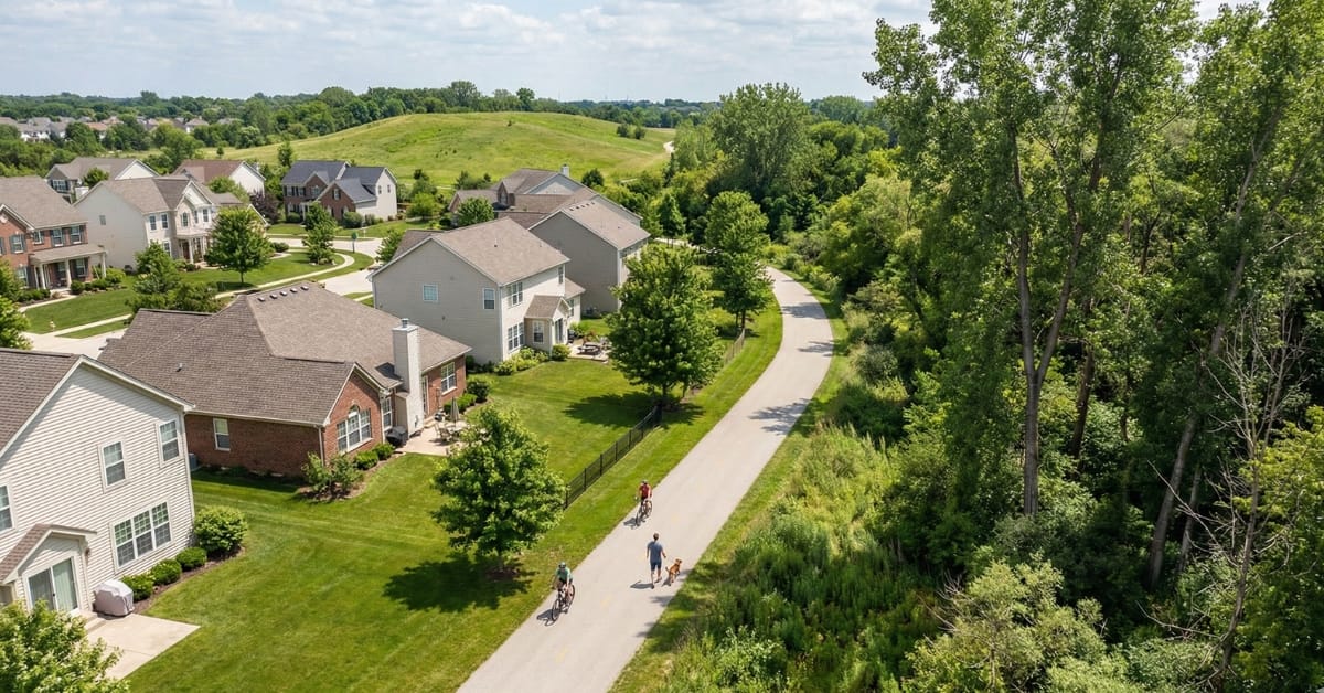 Cyclists riding on a paved trail next to single-family homes in Naperville, with the Greene Valley Forest Preserve scenic hill in the background.