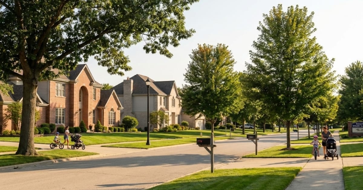 A quiet residential street in the Gregory Island neighborhood of Naperville, featuring large single-family homes, mature trees, sidewalks, and families walking and biking near a Gregory Middle School sign.