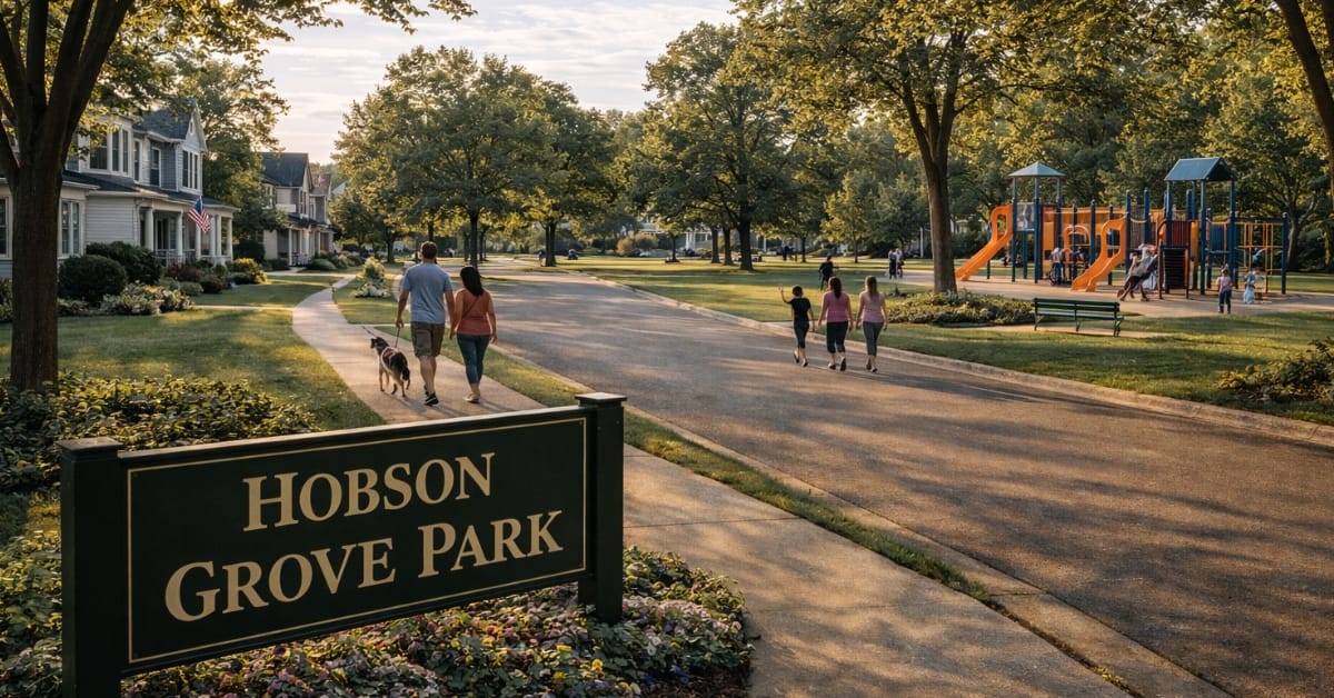 A sunny, shaded view of Hobson Grove Park in Naperville, featuring a "Hobson Grove Park" sign, a playground structure, paved walking paths, mature trees, and families walking dogs.