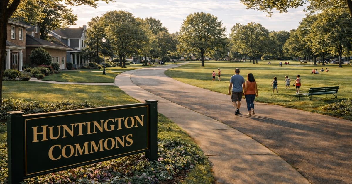 A sunny view of the Huntington Commons neighborhood in Naperville, featuring a sign reading "Huntington Commons", paved walking paths, mature trees, open green space, and residents walking.