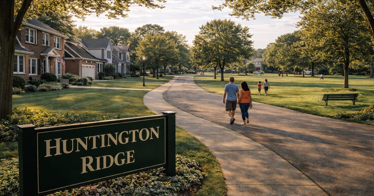 A sunny, scenic view of the Huntington Ridge neighborhood in Naperville, featuring a sign reading "Huntington Ridge", paved walking paths, mature trees, open green space, and families walking near brick single-family homes.