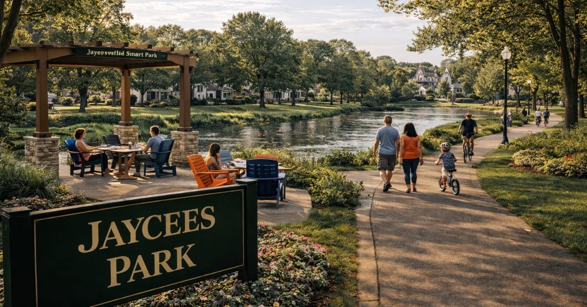 A scenic view of Jaycees Park in Naperville, featuring a wooden pergola with seating, a calm river, paved walking paths, cyclists, and a sign reading "Jaycees Park".