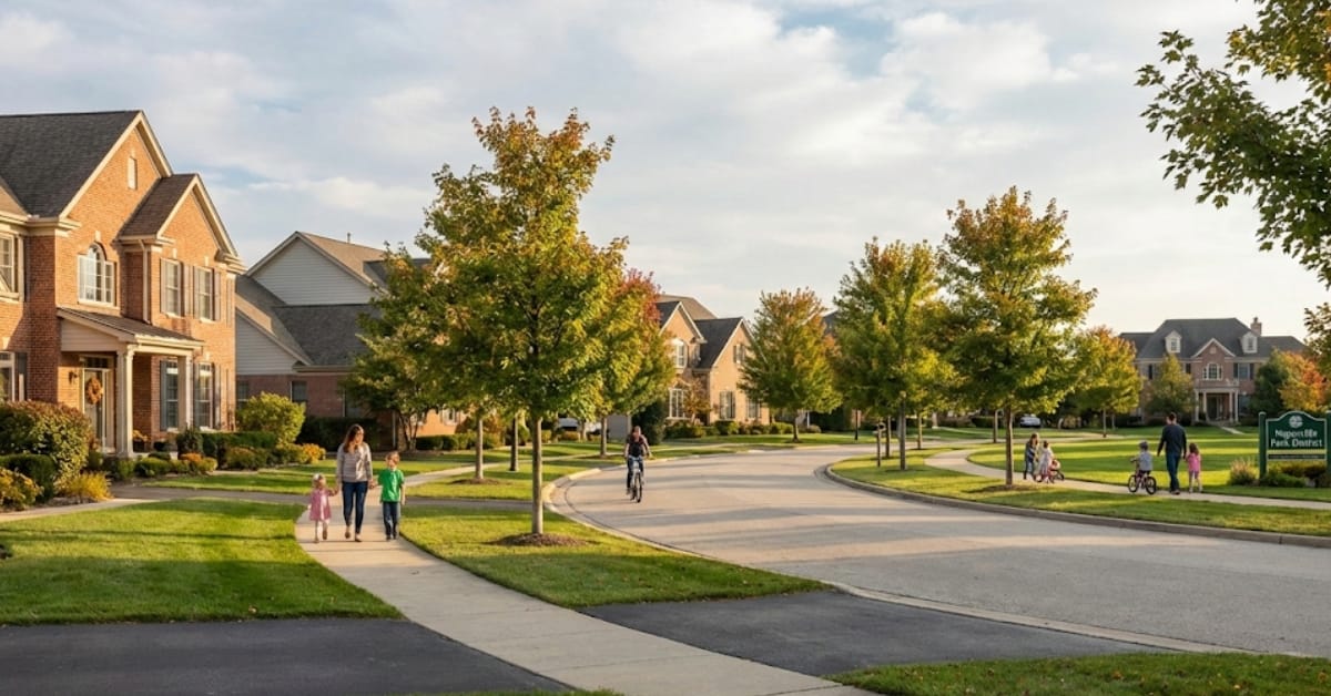 A wide-angle view of a family-friendly residential street in Naperville, featuring brick single-family homes, families walking and biking, and a sign for the "Naperville Park District" near a green space.