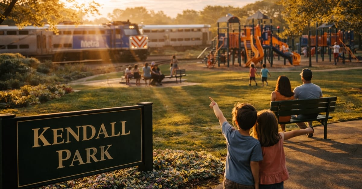 A magical golden-hour scene at Kendall Park in Naperville, featuring children pointing at a passing Metra train in the background, a playground structure, and a sign reading "Kendall Park".