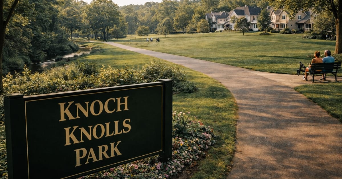 A scenic view of Knoch Knolls Park in Naperville, featuring a sign reading "Knoch Knolls Park", a paved walking trail winding along the river, mature trees, and people relaxing on a bench.