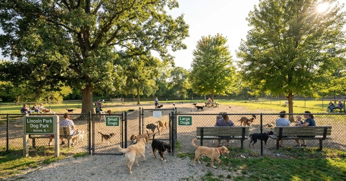 Dogs playing in the fenced off-leash areas at Lincoln Park Dog Park in Aurora, featuring shade trees, benches, and signage.
