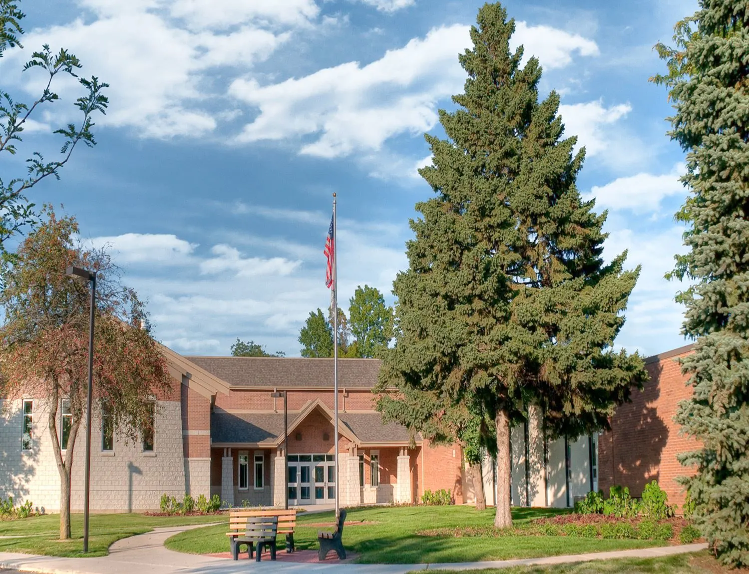 Exterior view of Mill Street Elementary School in Naperville, Illinois, showing the school entrance, flagpole, and landscaped grounds