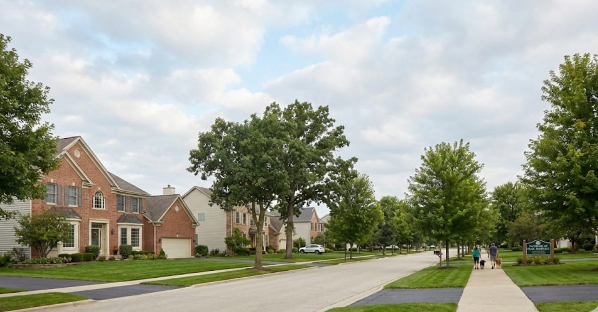 A wide-angle view of a typical quiet residential street in Naperville, Illinois, featuring brick single-family homes, mature trees, manicured lawns, and families walking on sidewalks.