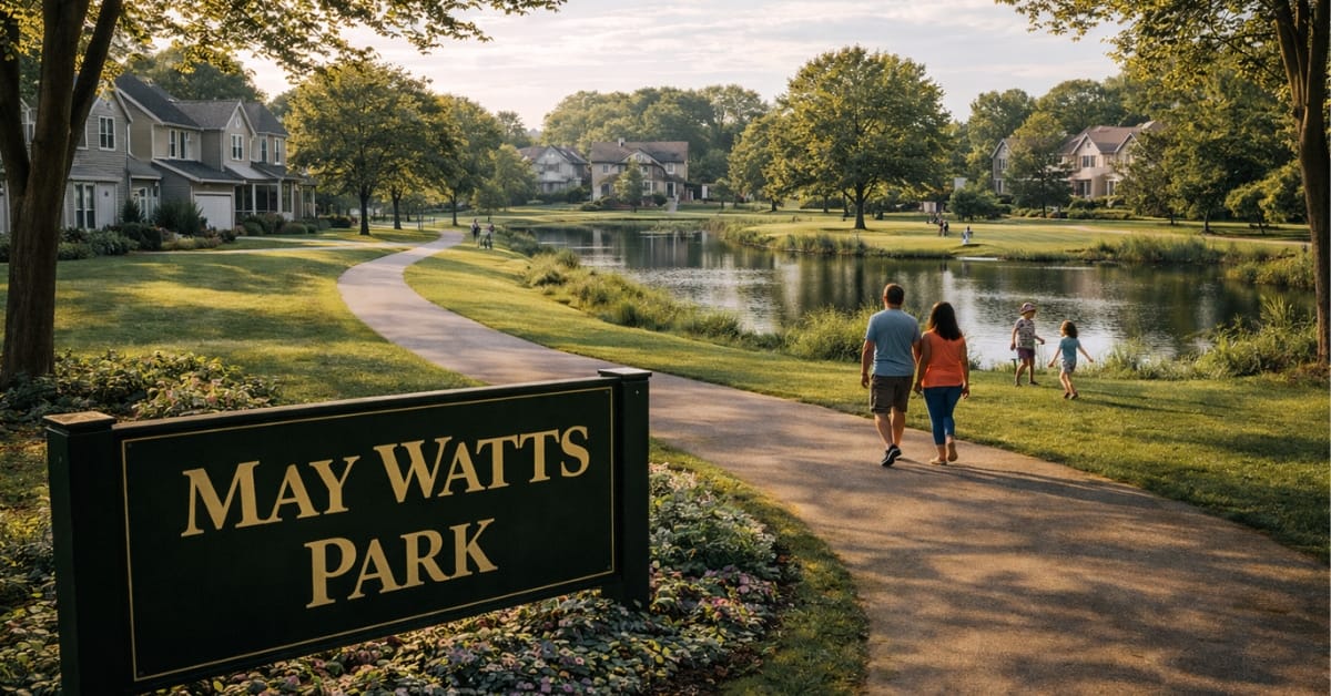 A scenic view of May Watts Park in Naperville, featuring a large pond, a paved walking trail winding around the water, families walking, and a sign reading "May Watts Park".