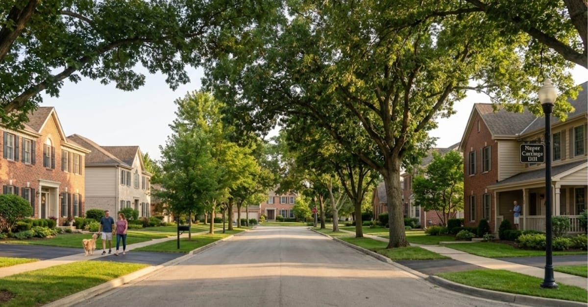 A picturesque street in the Naper Carriage Hill neighborhood of Naperville, featuring classic red brick colonial homes, mature shade trees, and a neighborhood entrance sign.