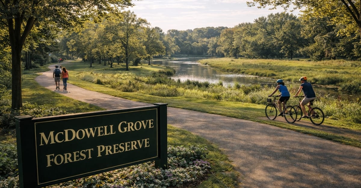 A scenic view of McDowell Grove Forest Preserve in Naperville, featuring a paved trail winding along the river, cyclists riding, mature trees, and a sign reading "McDowell Grove Forest Preserve".